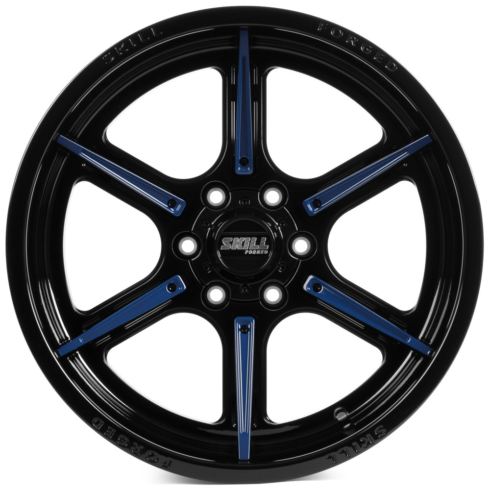 Легковой диск Skill Wheels SD102 10x20 6x139,7 ET-18 77,8 чёрный глянцевый + синие спицы